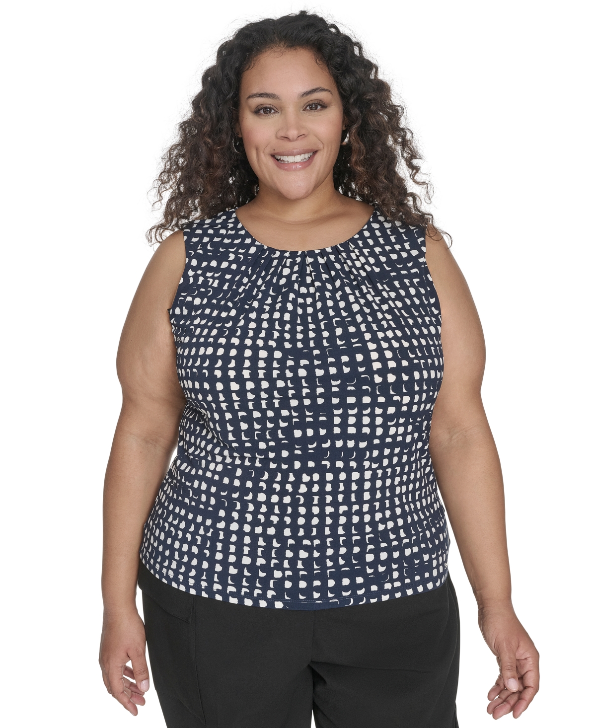 Calvin Klein Plus Size Printed Pleat Neck Sleeveless Top In Navy,cream