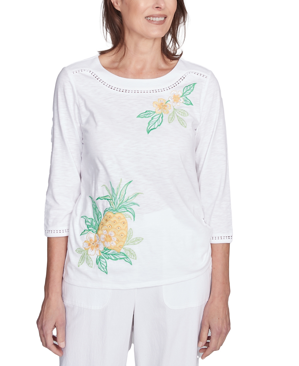 Alfred Dunner Petite Rise Shine Embroidered Pineapple Top In Multi White