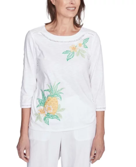 Petite Rise & Shine Embroidered Pineapple Top - Multi White