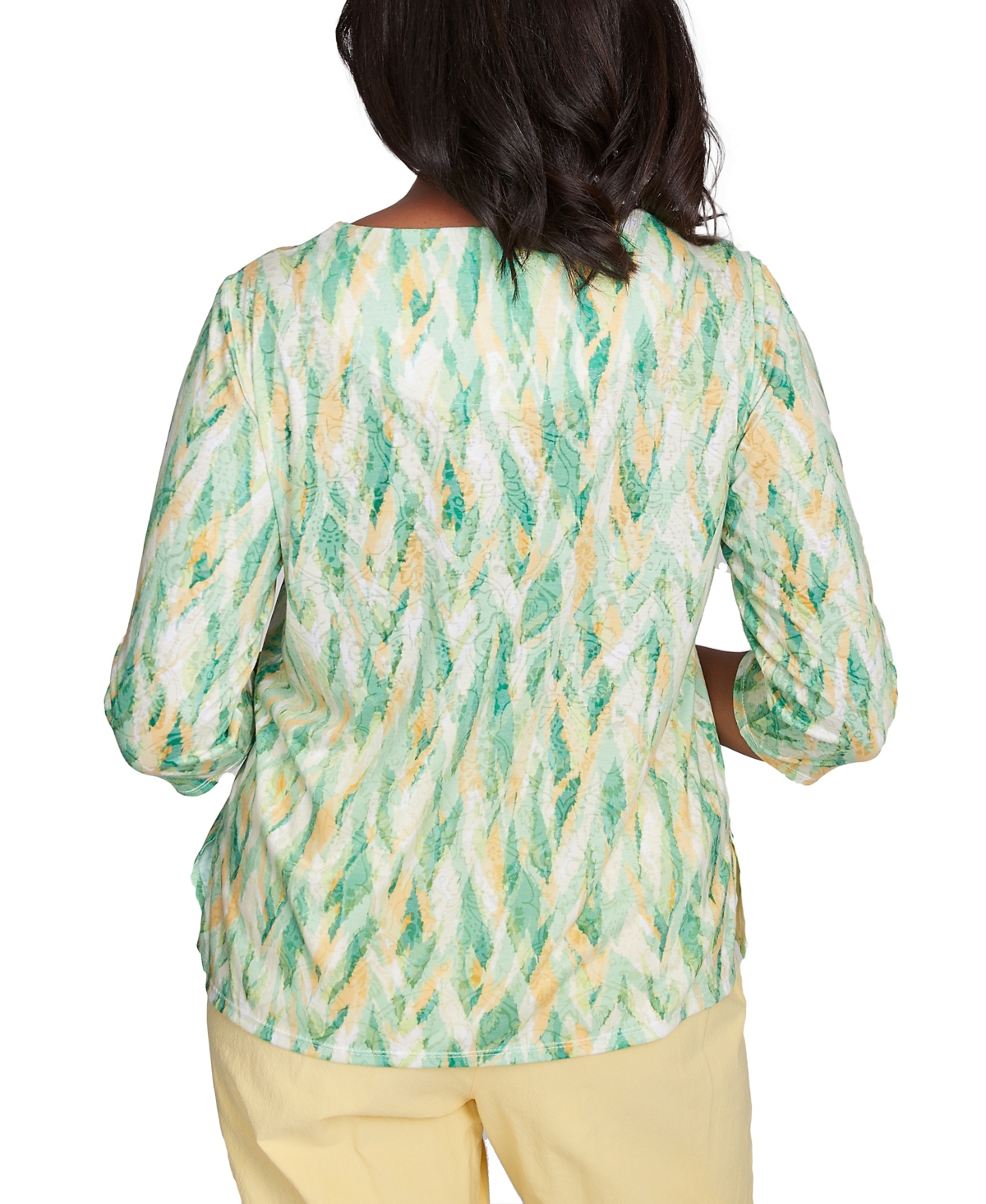 Alfred Dunner Petite Rise Shine Bright Textured Strokes Embellished Top In Lime Multi
