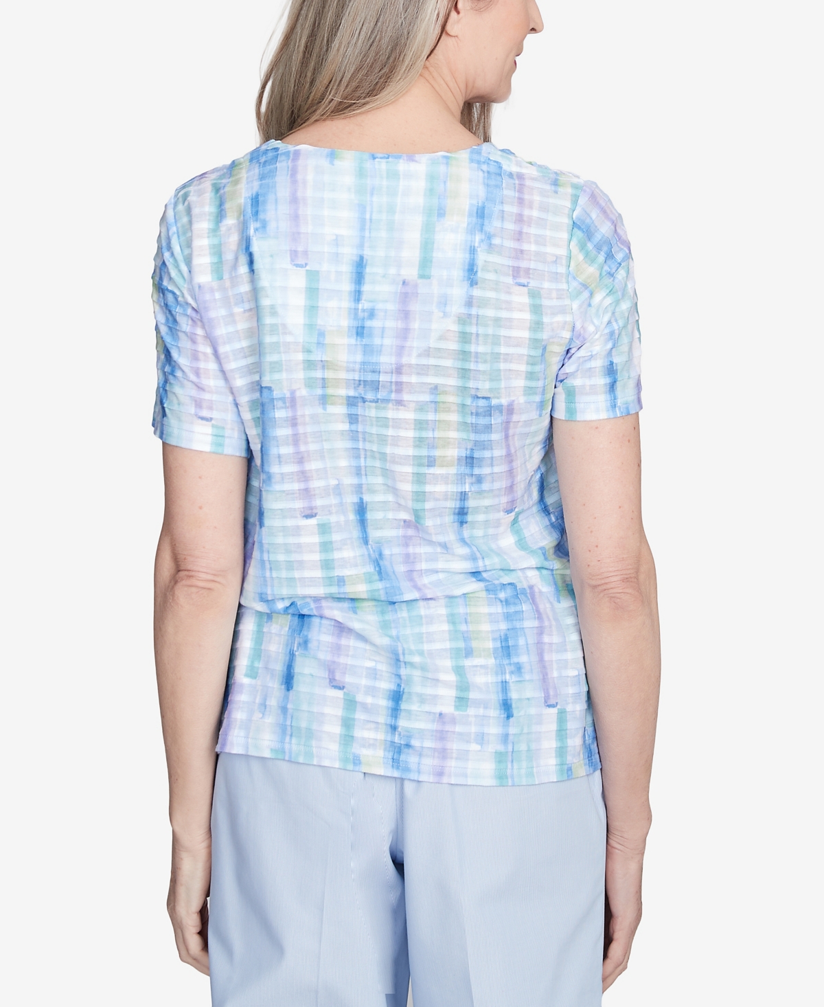 Alfred Dunner Petite St. Thomas Textured Brushstroke Short Sleeve Top In Sky Blue Multi