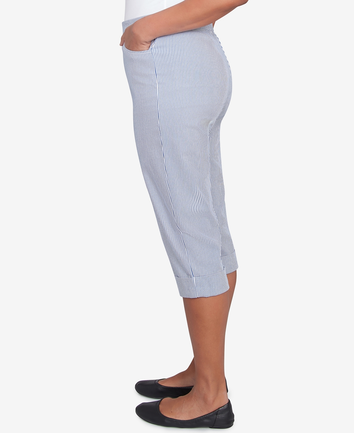 Alfred Dunner Petite Land Of The Free Striped Cuffed Clamdigger Pants In Blue