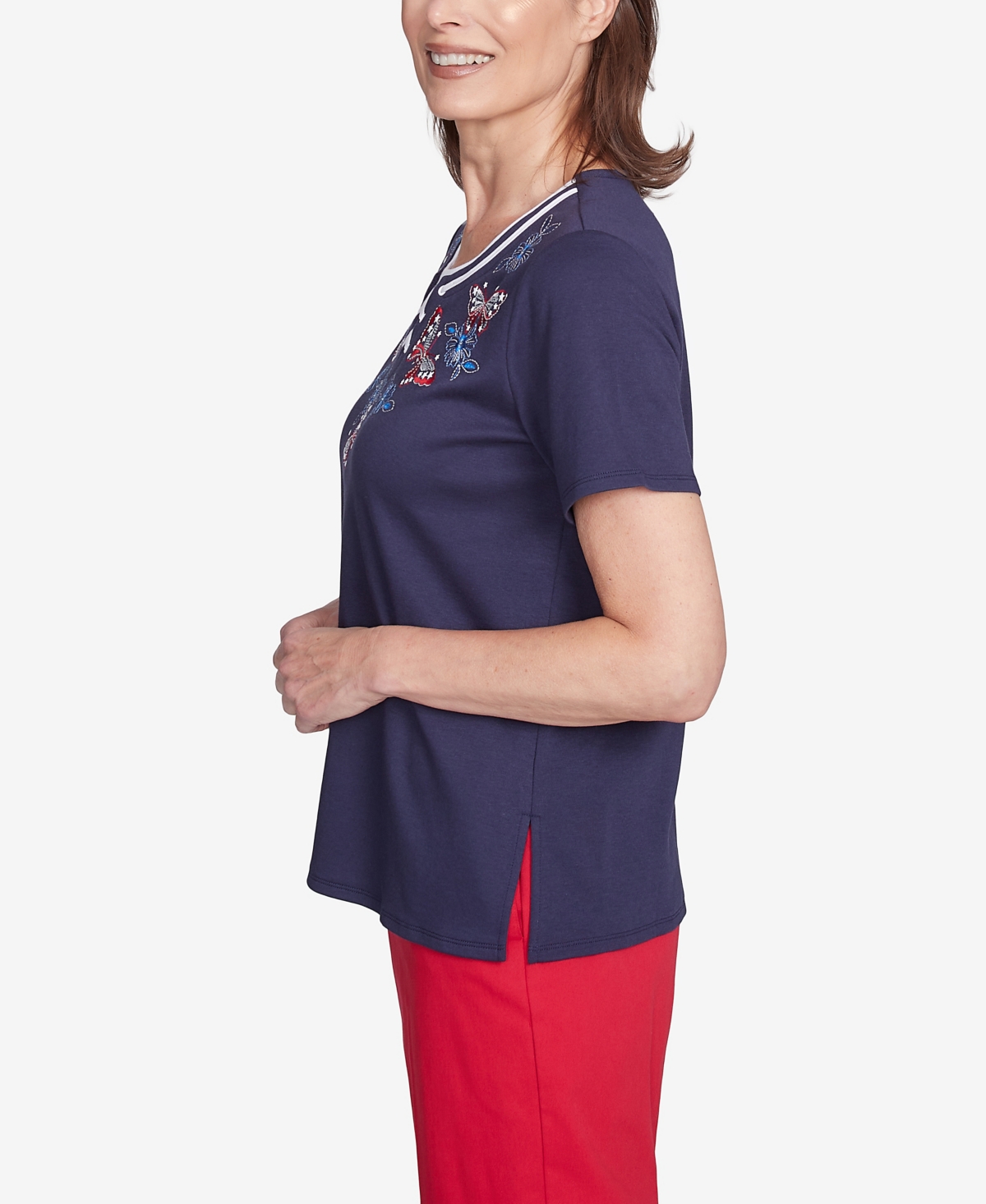 Alfred Dunner Plus Size Land Of The Free Butterfly Criss-cross Crew Neck Top In Navy