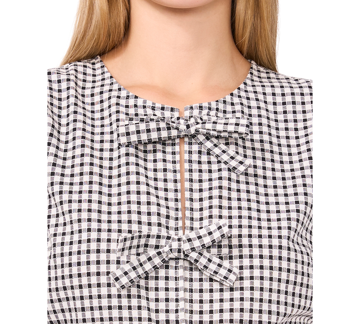 Cece Gingham Bow Front Cotton Peplum Top In Rich Black