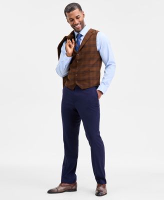 Men's Classic-Fit Brown/Navy Plaid Suit Separate Vest