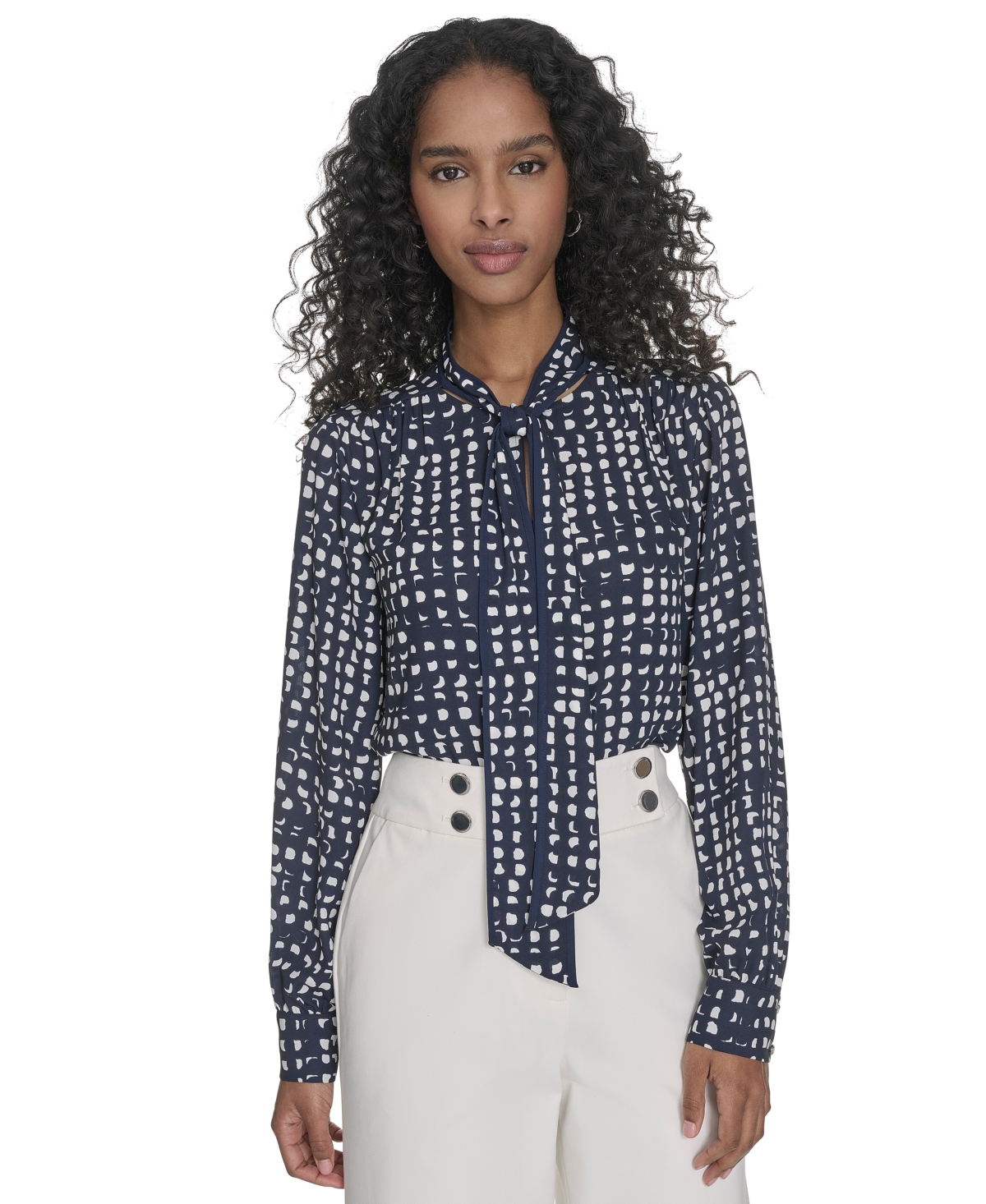 Petite Printed Long Sleeve Tie-Neck Blouse - Navy/cream