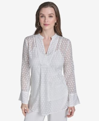 Halston - Women's Dot Texture Long-Sleeve Blouse
