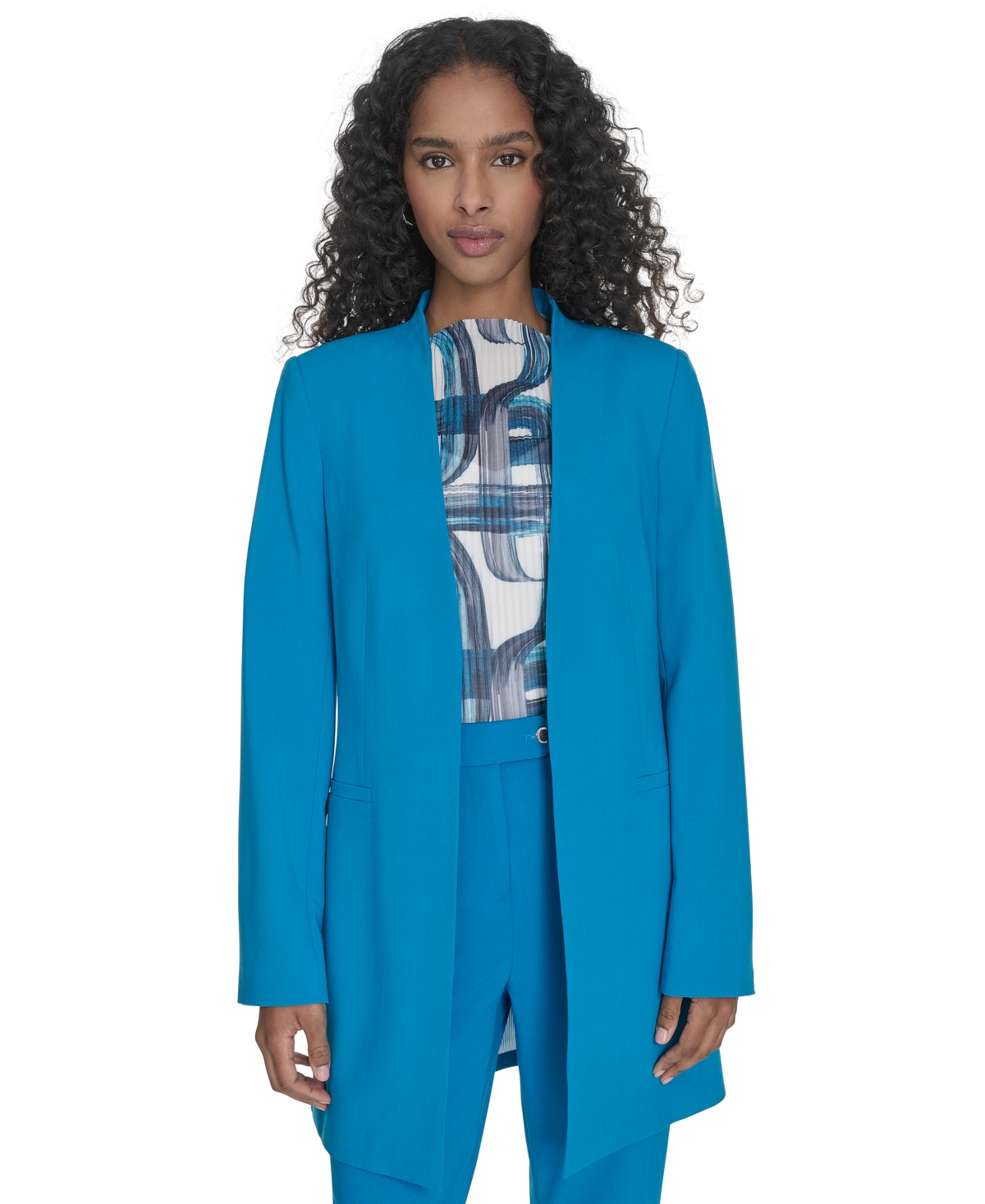 Petite Collarless V-Neck Long Blazer - Corsica
