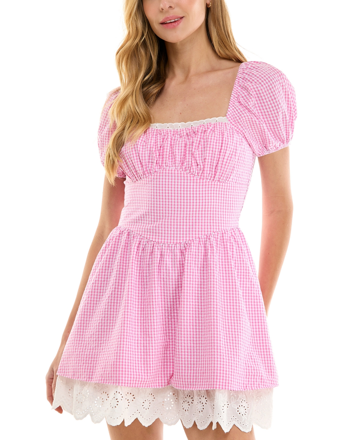 Juniors' Square-Neck Cotton Gingham Dress - Pink