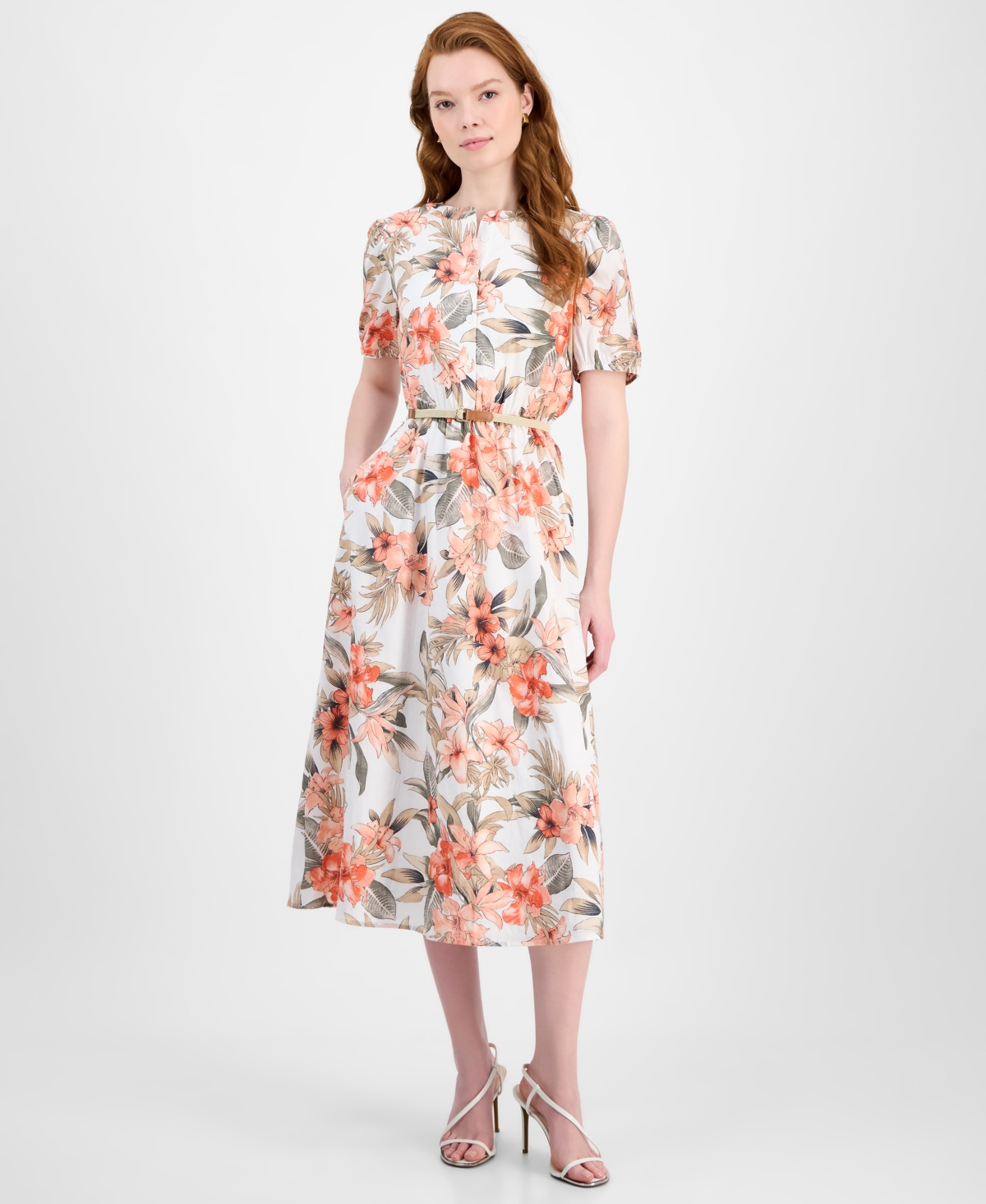 Tropical Floral Cotton Short-Sleeve Dress, Regular & Petite Sizes - Vanilla Ice Multi