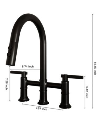 Modern Double Handle 3-Holes Deck Mount Bridge Kitchen Faucet with 2-Sprayer Patterns and 360 Swivel Spout in