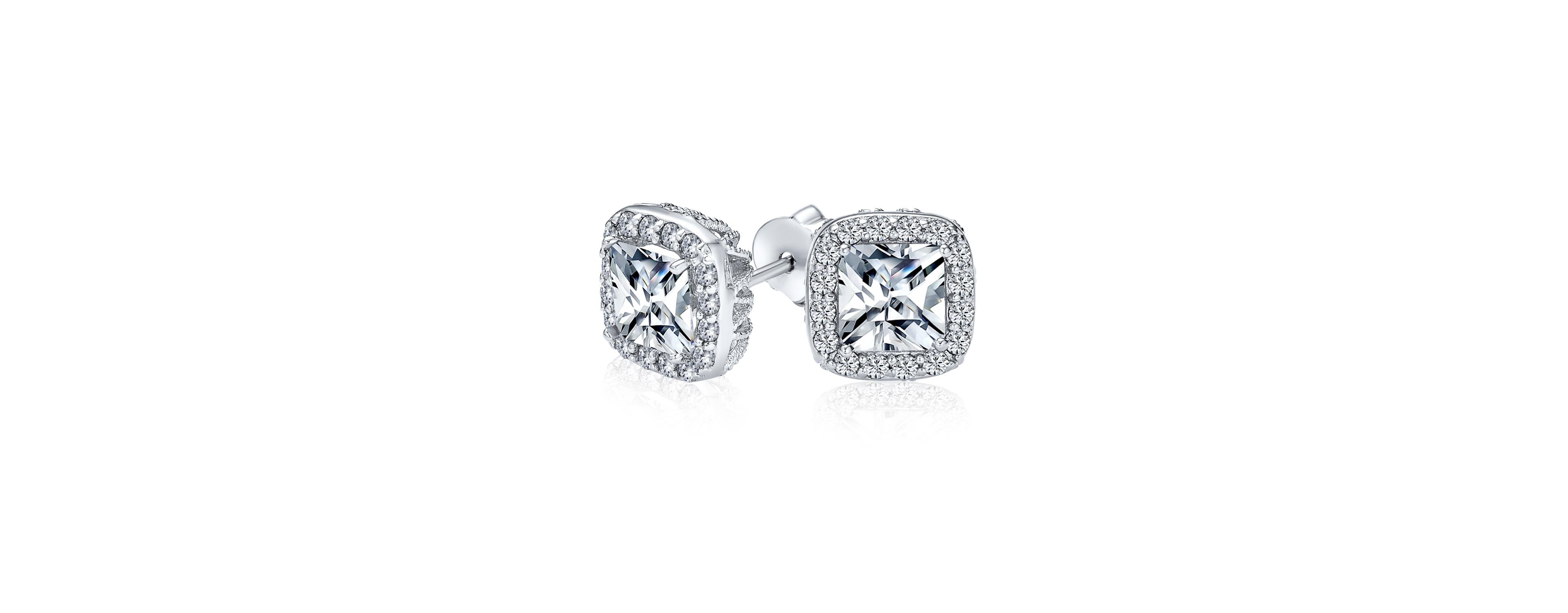 Bling Jewelry Asscher Cut Cz Stud Earrings with Halo Pave in Silver Brass