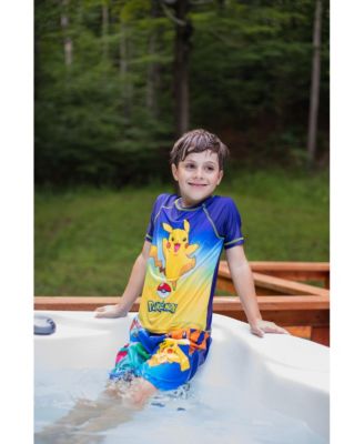 Boys Pikachu UPF 50+ Rash Guard Swim Trunks Outfit Set to