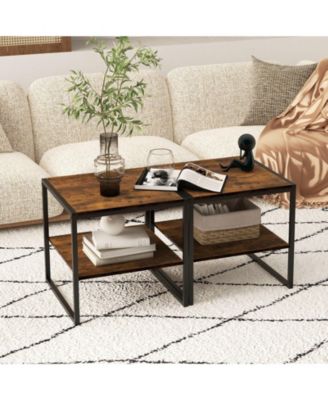 2 Pieces Industrial 2-Tier Side Table Set with Open Shelf