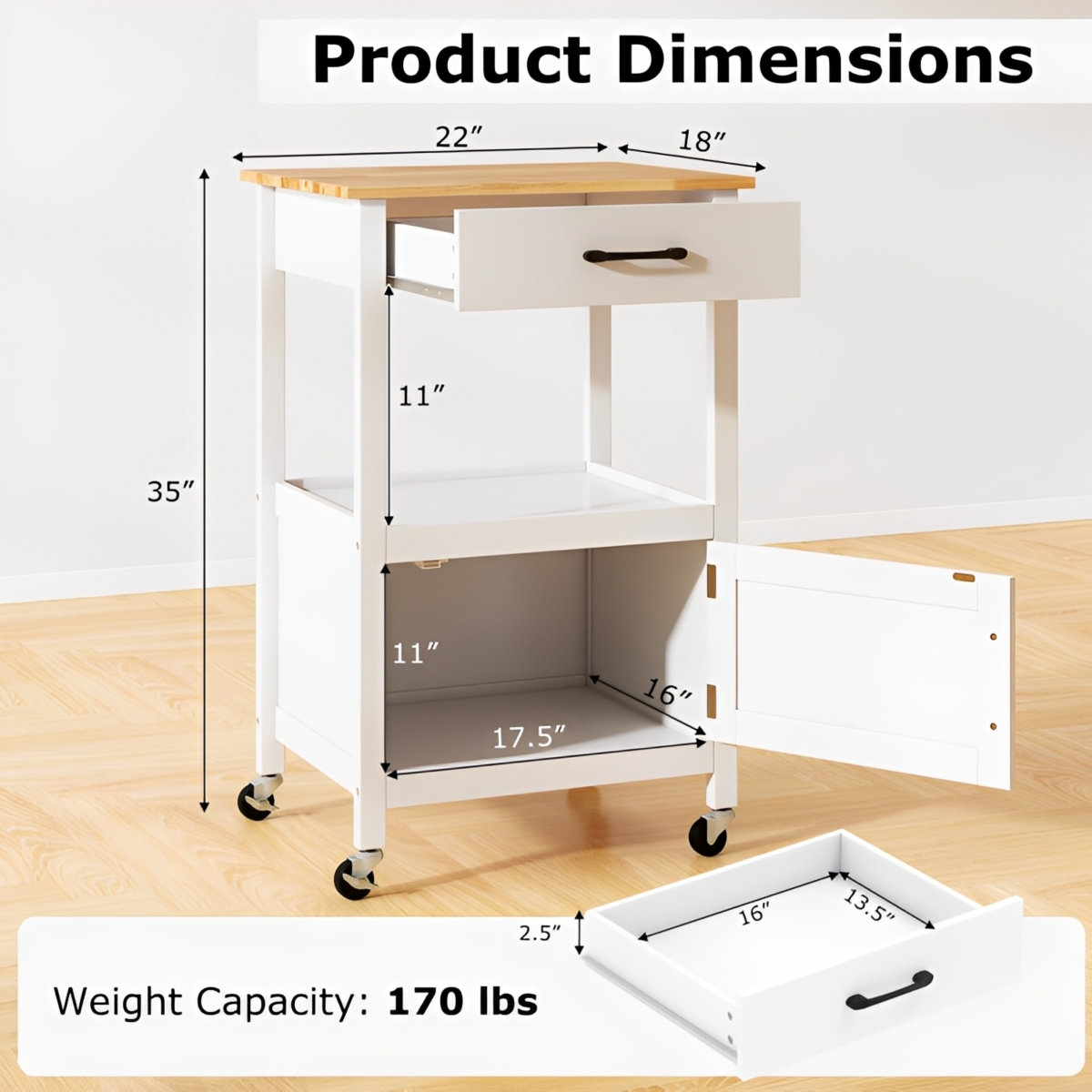 Rolling Kitchen Island Cart with Drawer and Side Hooks