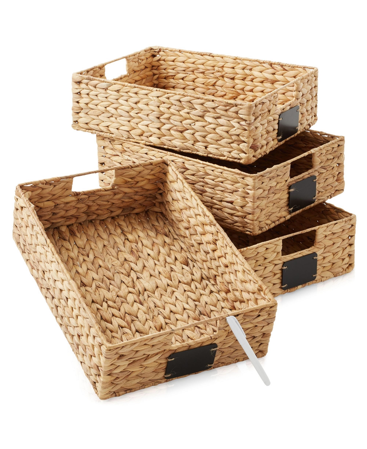 (Set of 4) Water Hyacinth 12-1/2&#x22;x17&#x22;x5&#x22; Pantry Baskets w/ Chalkboard Labels and Marker -Natural, Woven Storage Bins for Kitc