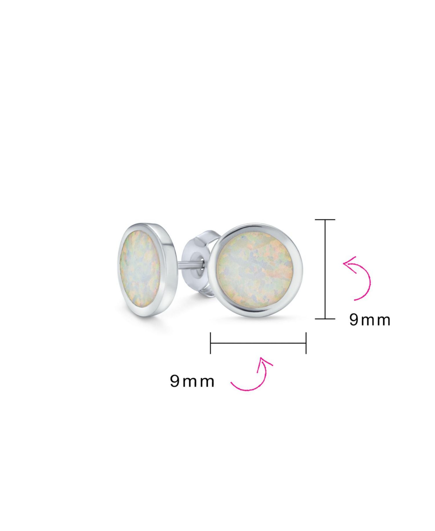 Created White Opal Round Stud Earrings Bezel Set .925 Sterling Silver 9MM
