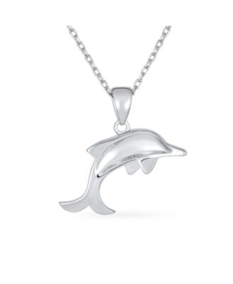 Created Blue Opal Inlay Nautical Ocean Marine Hawaiian Vacation Sea Life Dolphin Dangling Pendant Necklace .925 Sterling Silver