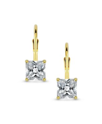 Classic Cubic Zirconia Square Princess Cut Solitaire Square CZ Lever back Earrings Gold Plated .925 Sterling Silver
