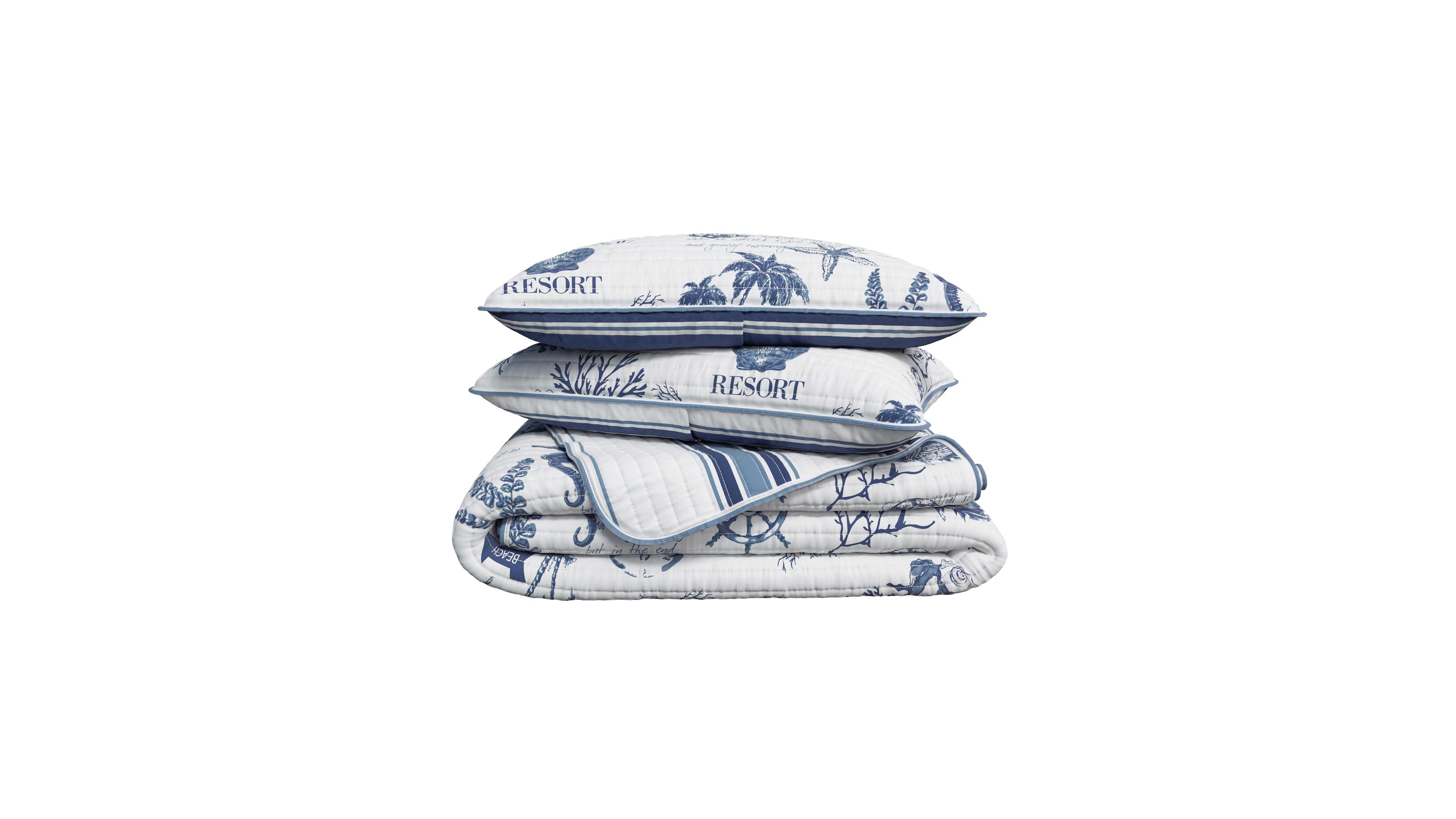 Linery & Co. Cotton Stitched Reversible Coastal 3 Piece Quilt and Sham Set