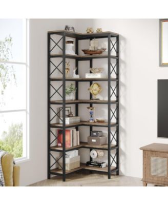 7 Shelf Corner Bookcase, Industrial Large Corner Bookshelf with Metal Frame