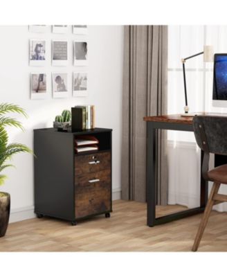 Mobile File Cabinet with Lock, 2 Drawer Wood Filing Cabinet for Letter Size, Modern Printer Stand with Rolling Wheels Open Storage Shelf for Home Office