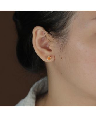 Classic Iridescence Bezel Setting Flat Round Circle Created Orange Fire Opal Stud Earrings Gold Plated .925 Sterling Silver Small 5MM