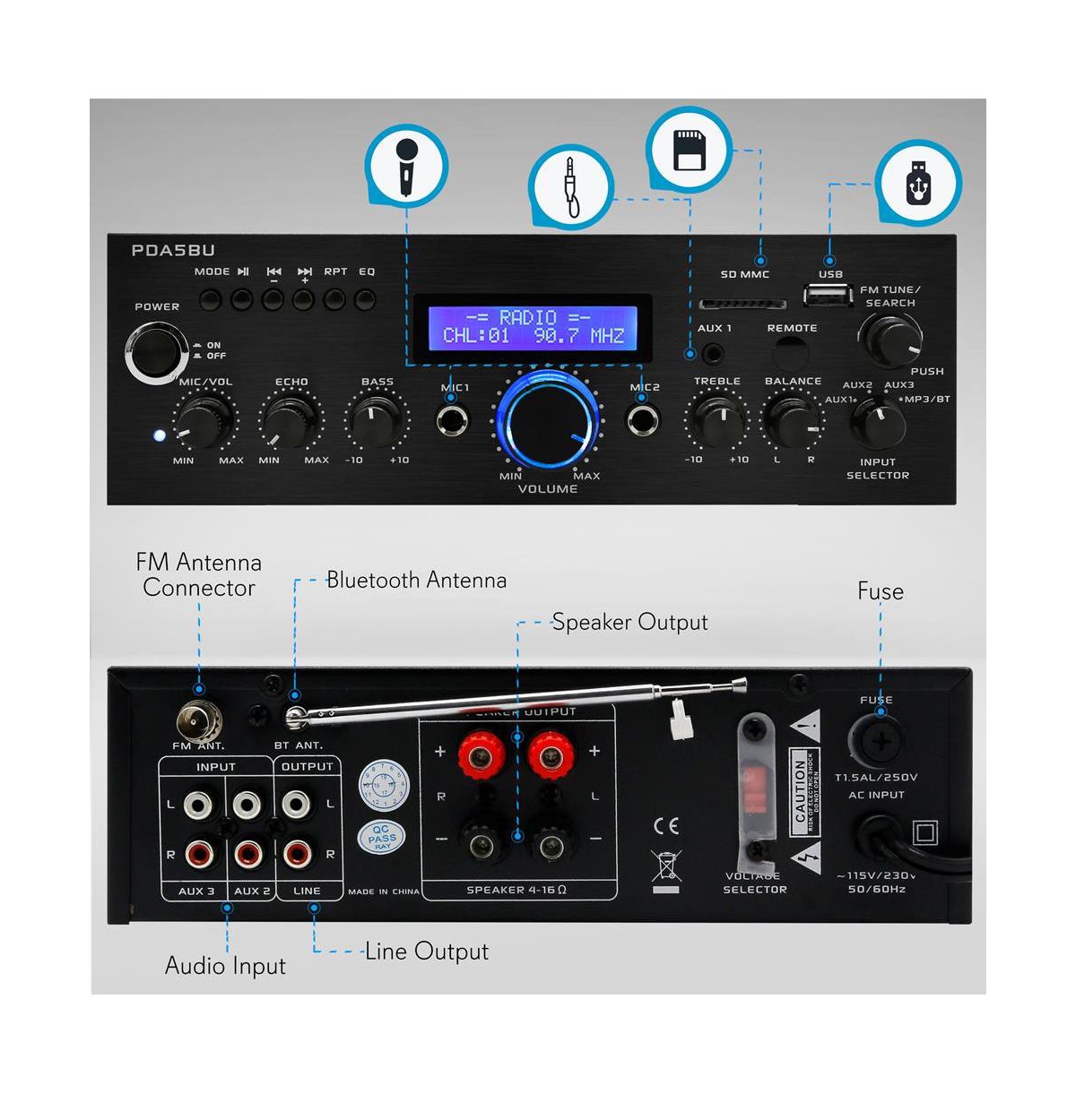Pyle Bluetooth Stereo Amplifier Receiver with Fm Radio & Usb - PDA5BU