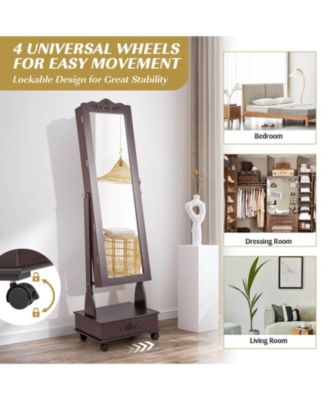 Rolling Floor Standing Mirrored Jewelry Armoire with Lock and Drawers