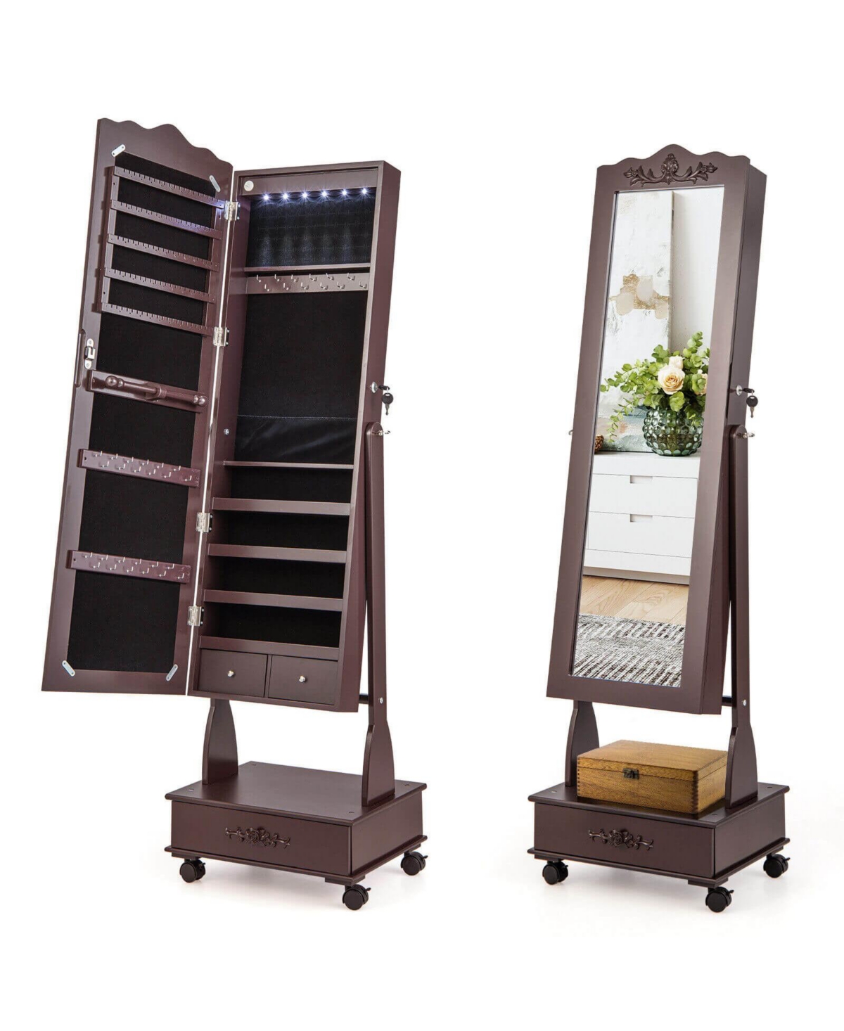 Rolling Floor Standing Mirrored Jewelry Armoire with Lock and Drawers - Brown