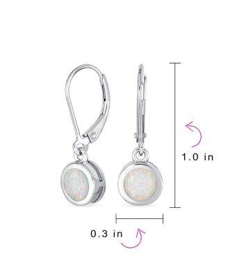 Bezel Round Circle Solitaire White Created Opal Dangle Lever Back Earrings .925 Sterling Silver