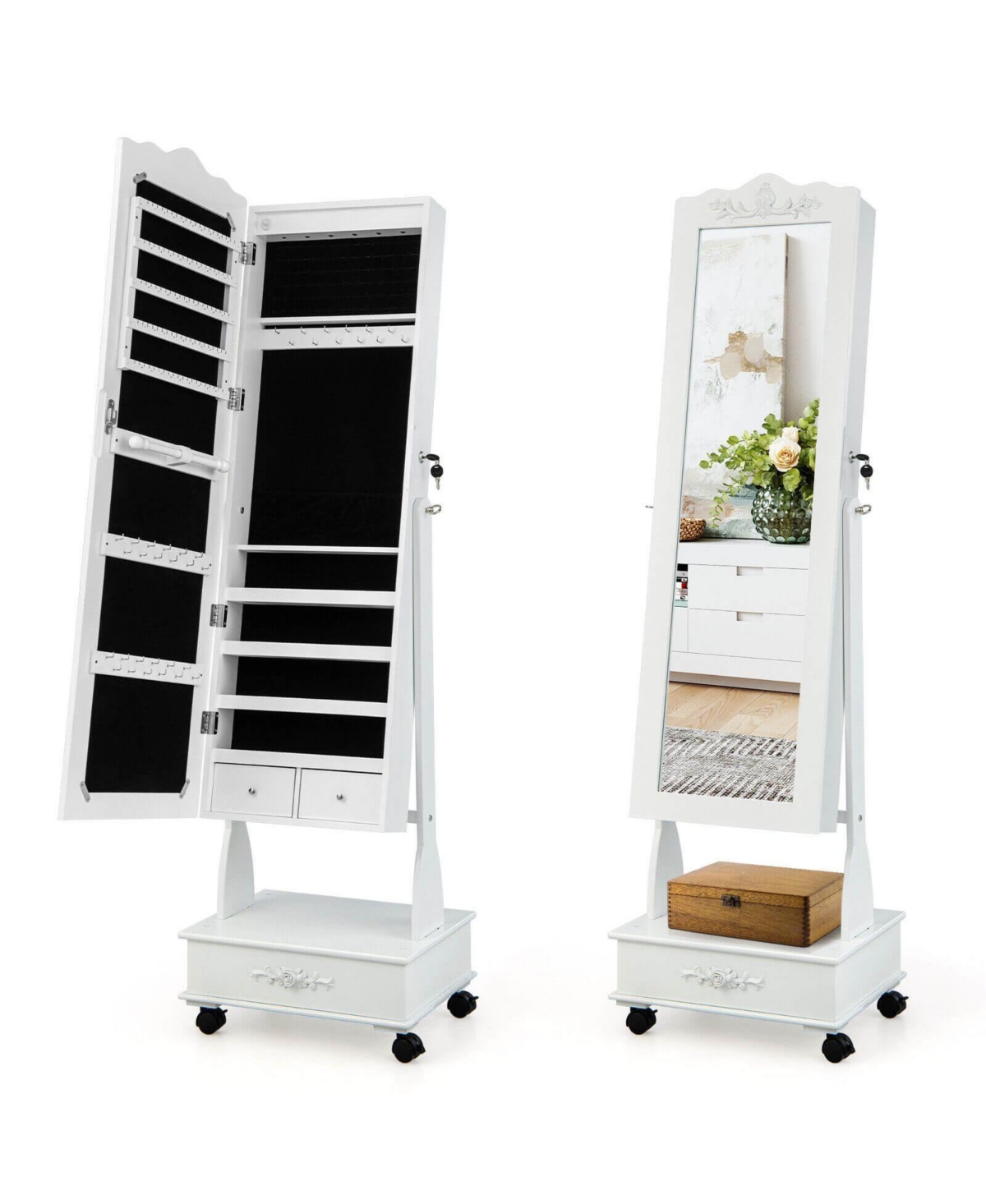 Rolling Floor Standing Mirrored Jewelry Armoire with Lock and Drawers - White