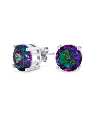 Unisex Black Mystic Rainbow Cubic Zirconia Solitaire Cz Stud Earrings .925 Sterling Silver Round Cut