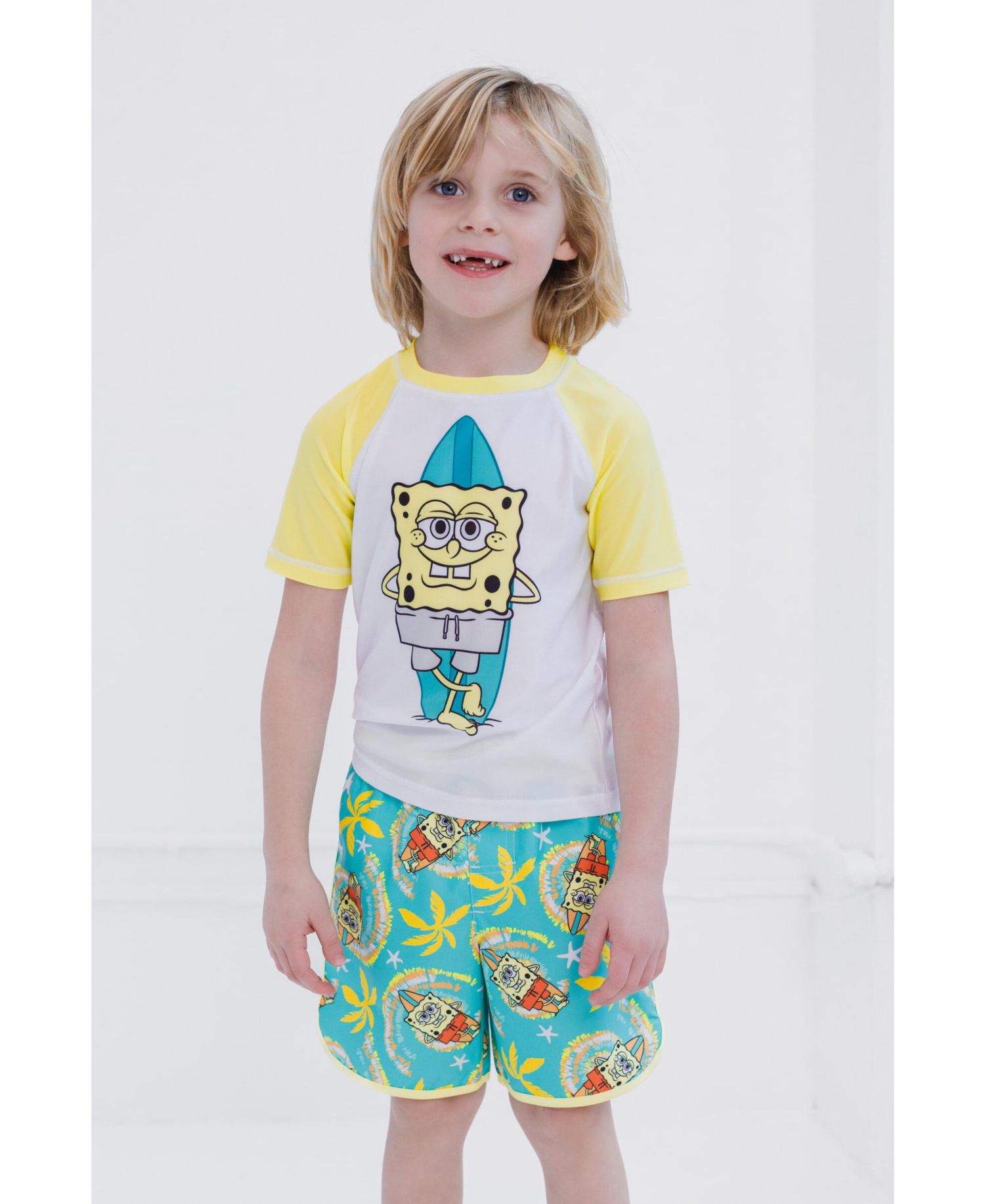 Boys Surfboard UPF 50+ Rash Guard and Swim Trunks Outfit Set