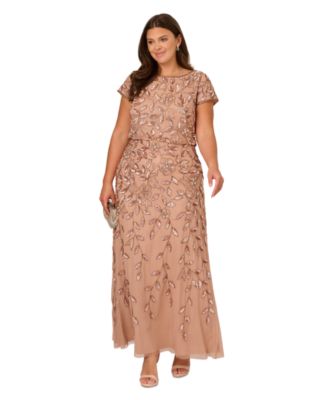 Adranna Papell Plus Sze Beaded Floral Godet Short Sleeves Long Gown