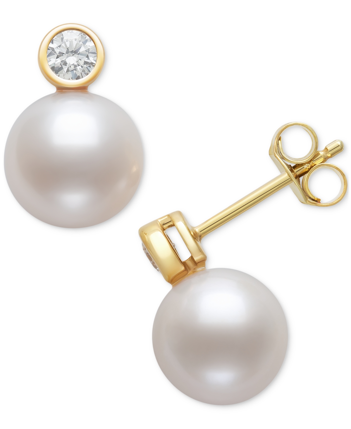 Shop Belle De Mer Cultured Freshwater Pearl (8mm) & Diamond (1/5 Ct. T.w.) Bezel Stud Earrings In 14k Gold