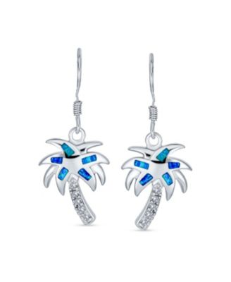 Created Blue Opal Beach Tropical Inlay Palm Tree Dangle French Wire Earrings .925 Sterling Silver