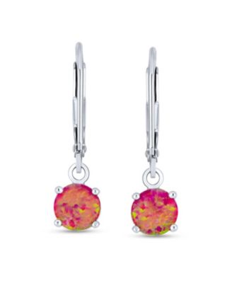 Simple Solitaire Pink Created Opal Lever back Dangle Drop Earrings .925 Sterling Silver