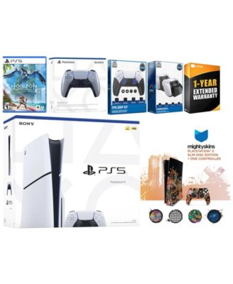 Playstation 5 Slim Disc with Horizon Forbidden West, Extra Chroma Pearl Controller, FPS Grip Kit, Charge Dock and MightySkins Decal Voucher + 1 Y