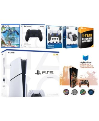 Playstation 5 Slim Disc with Horizon Forbidden West, Extra Starlight Blue Controller, FPS Grip Kit, Charge Dock and MightySkins Decal Voucher + 1