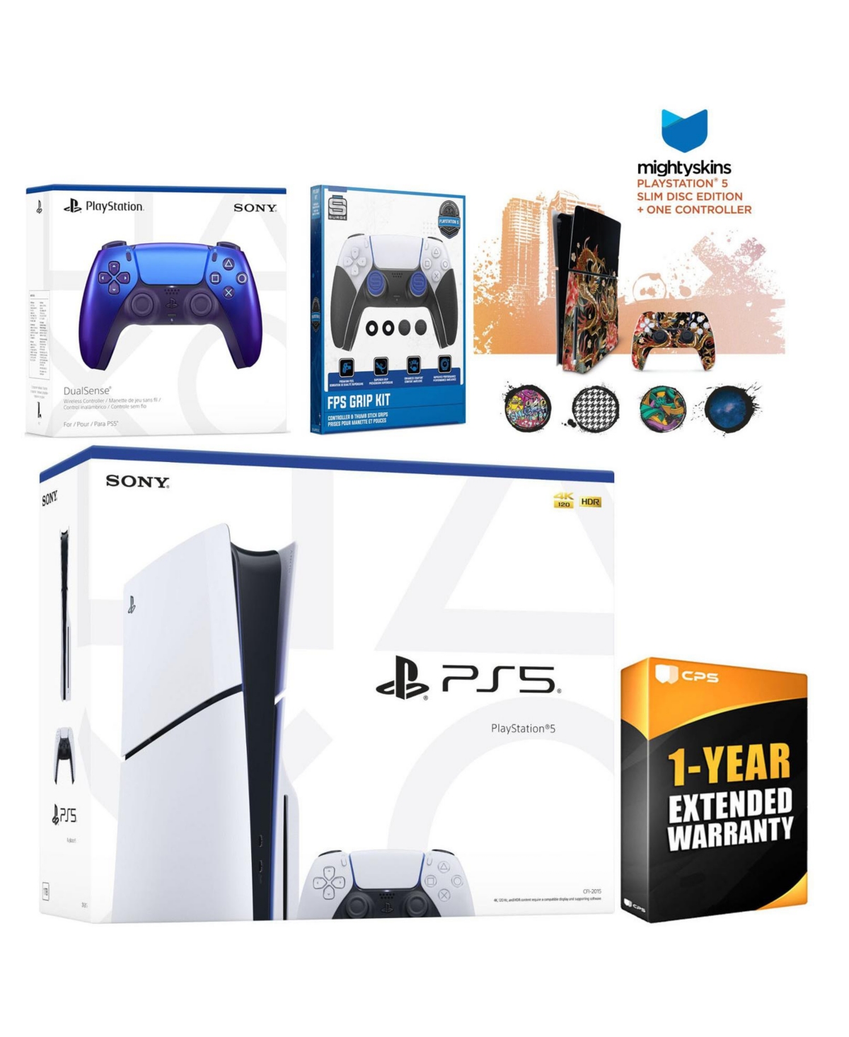 Sony Playstation 5 Slim Disc with Extra Volcanic Red Controller, Fps Grip Kit and MightySkins Decal Voucher + 1 Year Cps Extended Warranty - Chroma in