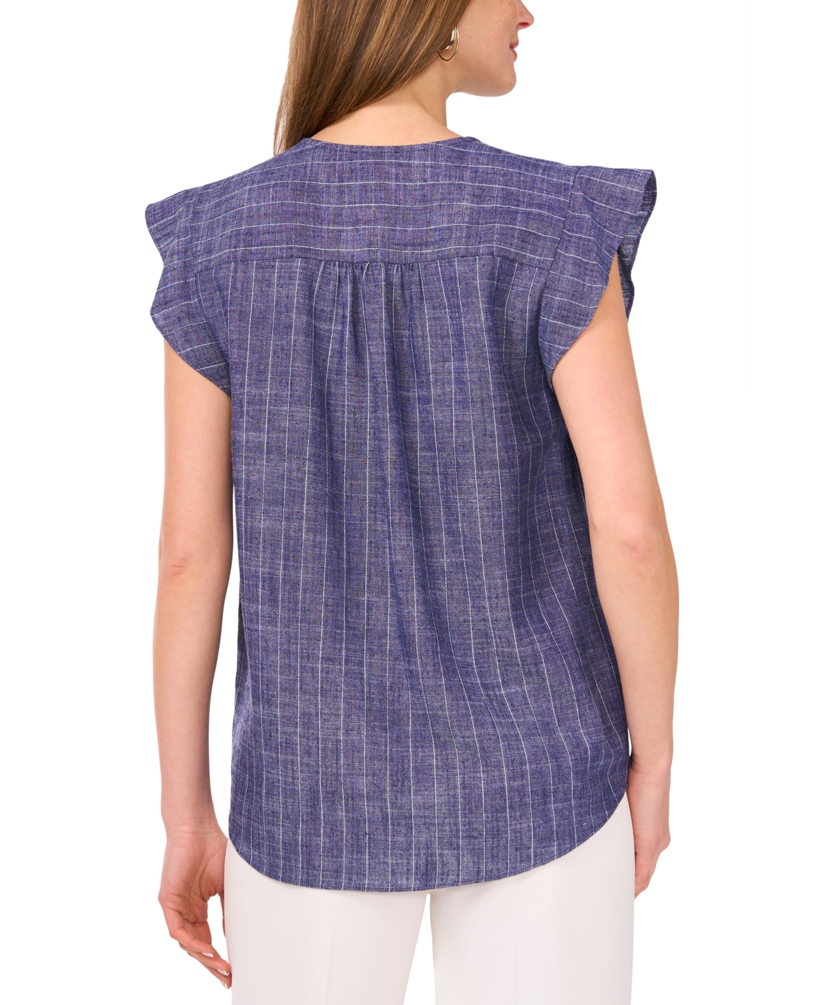 VINCE CAMUTO WOMEN'S CHAMBRAY SHINE-STRIPE FLUTTER-SLEEVE TOP 