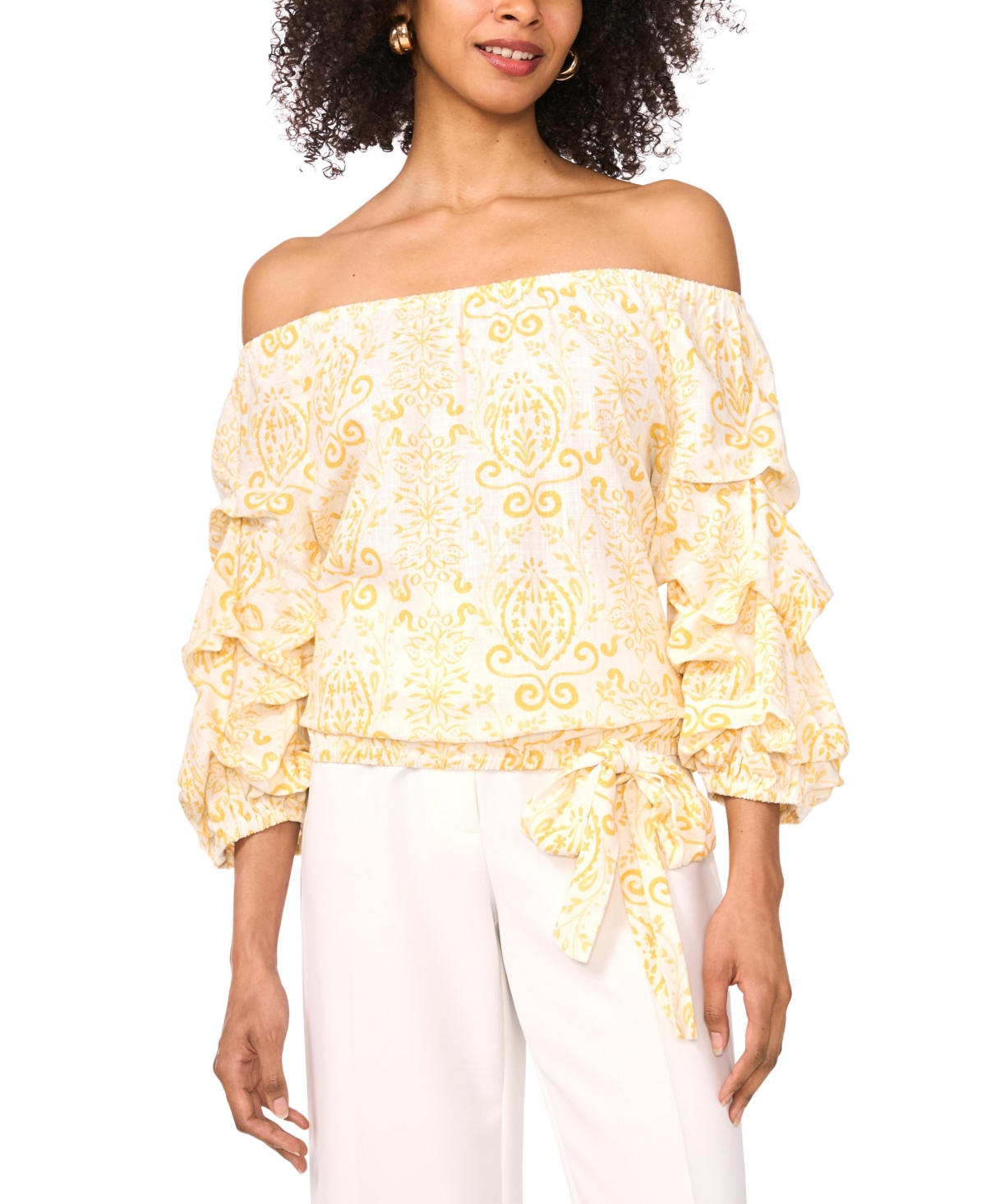 VINCE CAMUTO WOMEN'S PRINTED LINEN-BLEND OFF-THE-SHOULDER BUBBLE 3/4-SLEEVE TIE-FRONT BLOUSE 