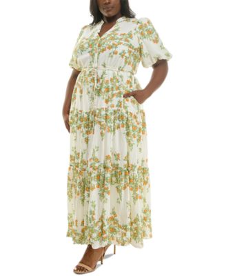 Plus Size Floral Split-Neck Puff-Sleeve Maxi Dress