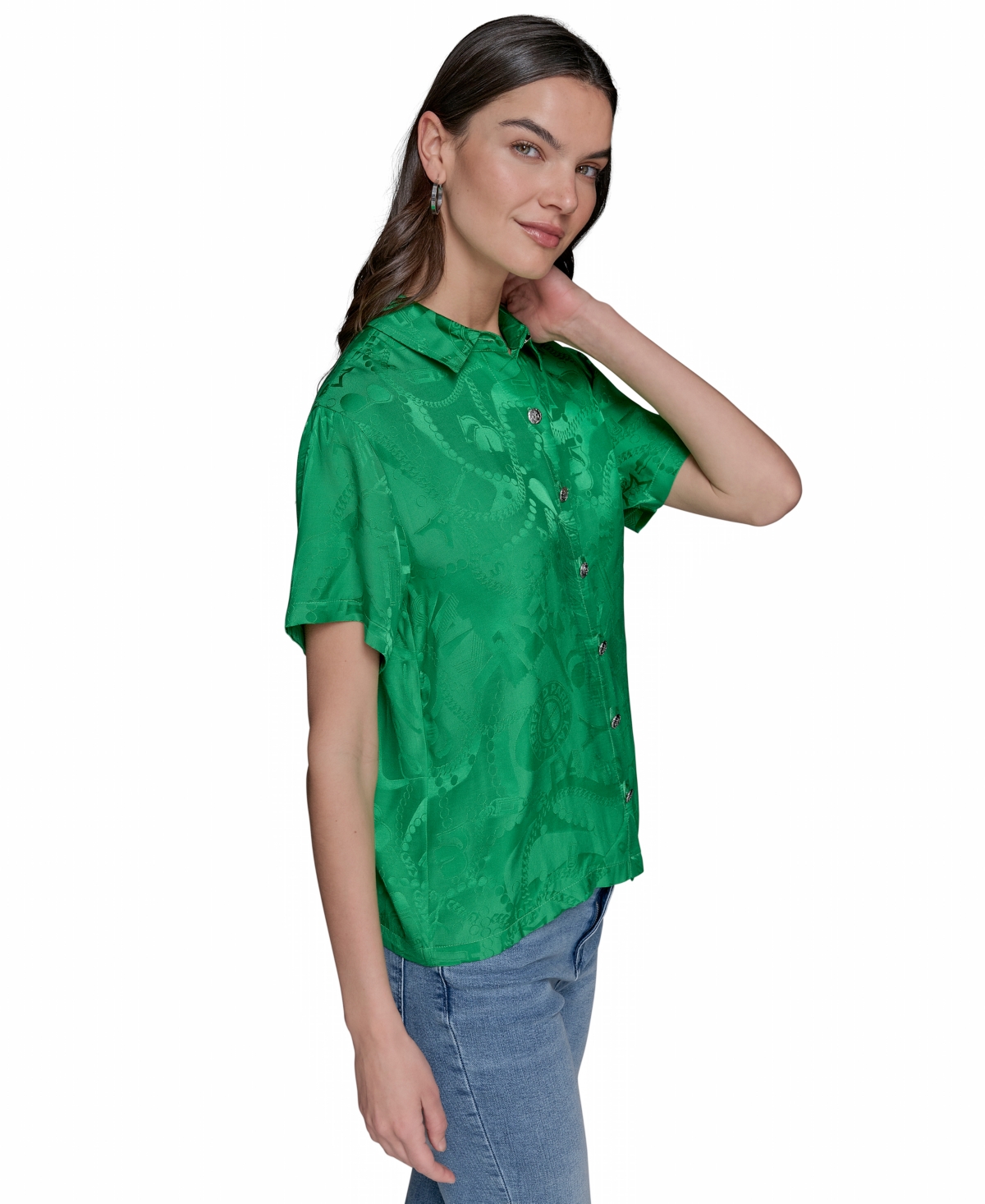 Shop Karl Lagerfeld Women's Short Sleeve Jacquard Button Front Top In Flore Green