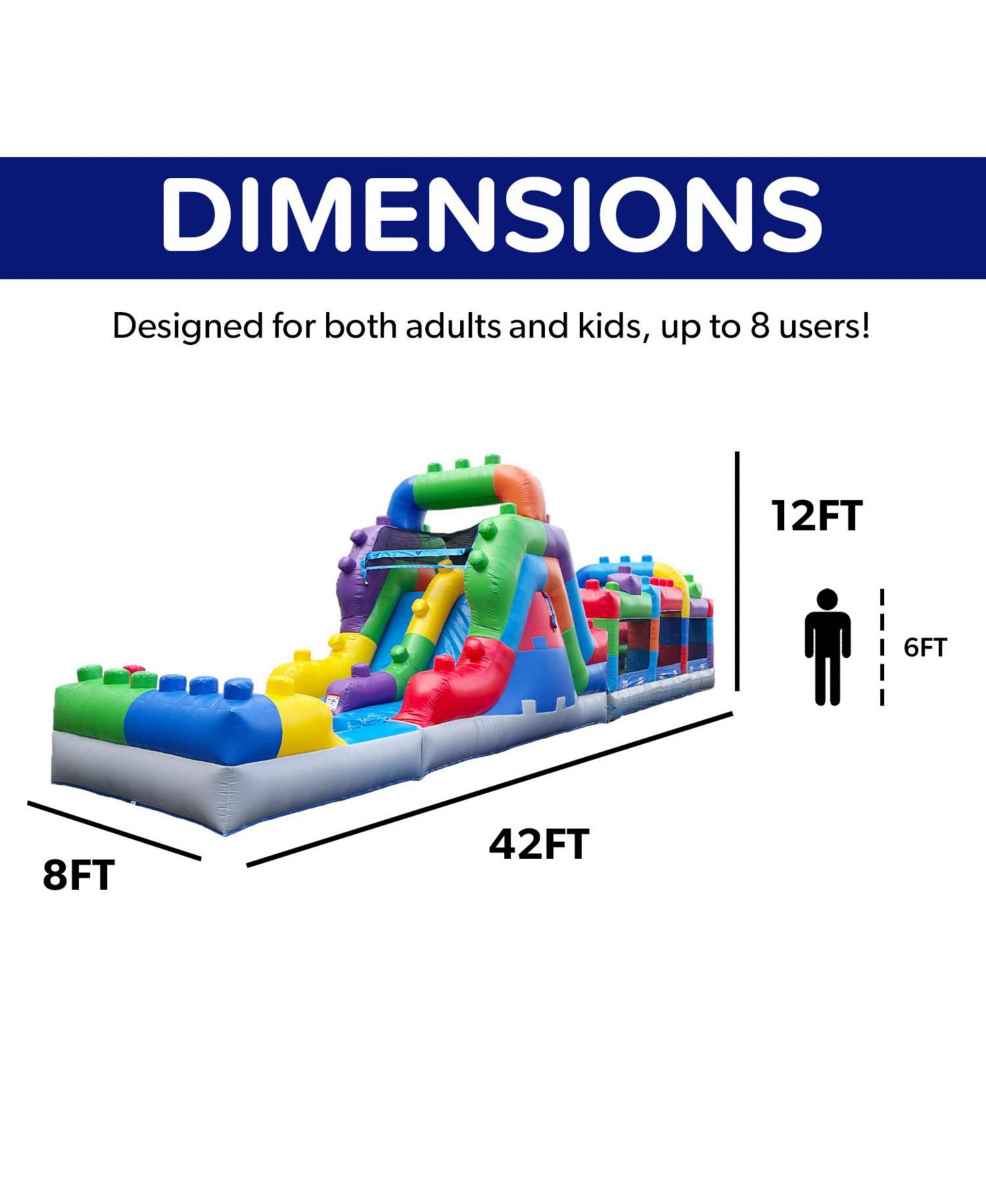 Детская игрушка HERO Kiddo 42' Block Party Inflatable Obstacle Course Water Slide Combo with Air Blower, Commercial Grade, 100% PVC Vinyl, Kids Outdoor Play — фото 4