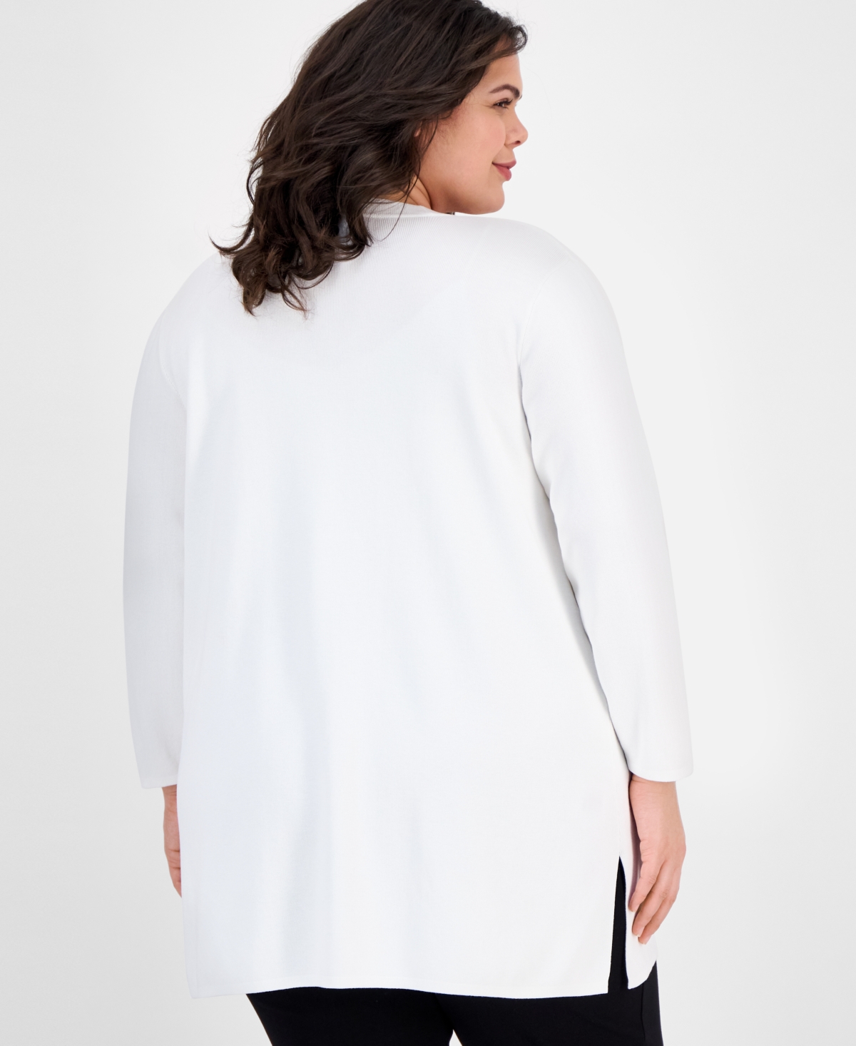 Ak Anne Klein Plus Size Open-front Long-sleeve Side-slit Cardigan In Bright White