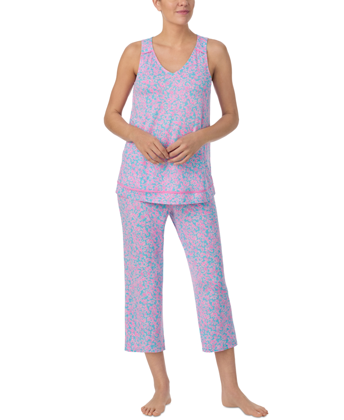 Women's Printed V-Neck Cropped Pajama Set - Ditsy Aqua