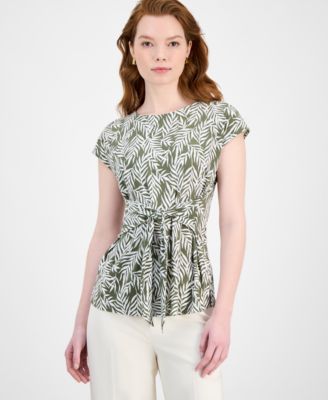 Kasper - Women's Leaf-Print Tie-Waist Cap-Sleeve Top