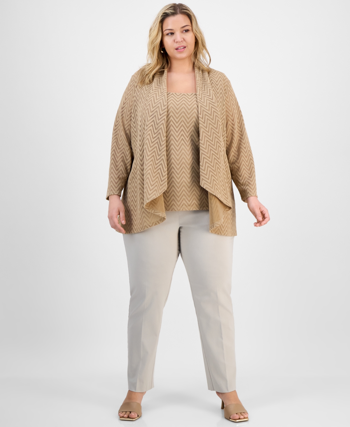 Kasper Plus Size Herringbone Knit High-low Cardigan In Brown